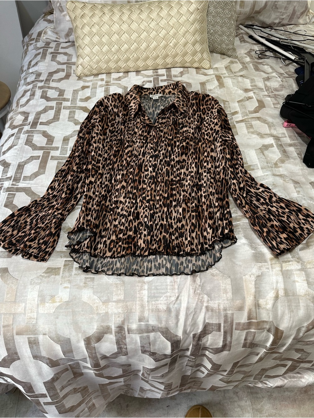 Good American Leopard Print Pleated Button-Front Blouse - Brown